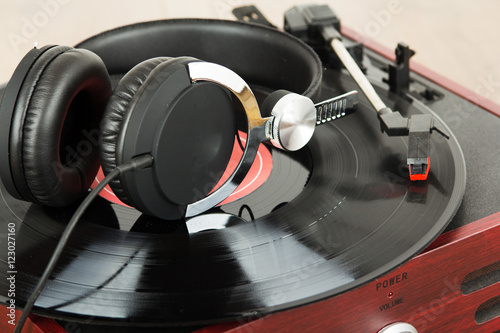 Headphones on an old retro record player