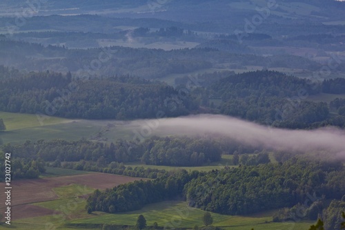 Summer aerial panorama of Kaczawskie, Rudawy Janowickie and Karkonosze Mountains in Poland