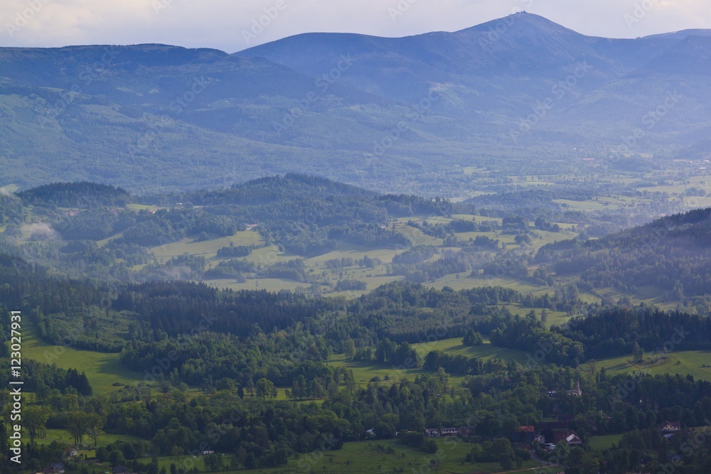 Summer aerial panorama of Kaczawskie, Rudawy Janowickie and Karkonosze Mountains in Poland