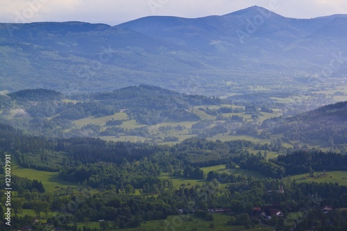 Summer aerial panorama of Kaczawskie  Rudawy Janowickie and Karkonosze Mountains in Poland