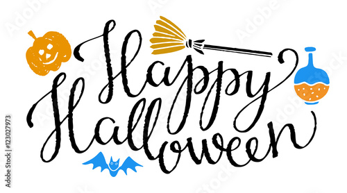 Halloween banner. Pumpkin, Bat, Broom