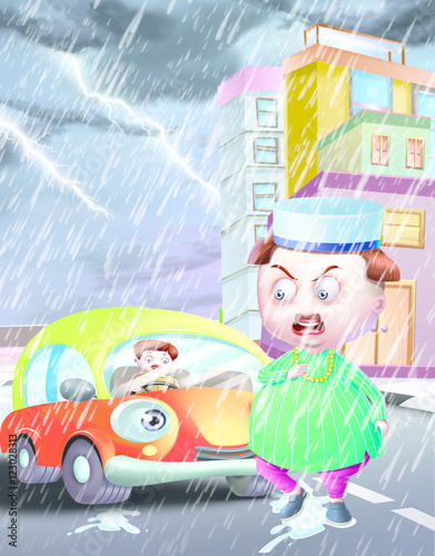 Angry fat man near car in rain