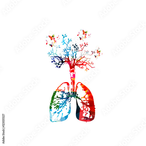 Colorful healthy lifestyle template design background, vector illustration. Human lungs anatomy with tree, human internal organs and respiratory system, medical science, healthcare, health, prevention