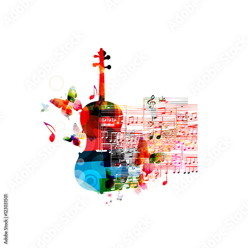 Creative music style template vector illustration, colorful violoncello, music instrument with music staff and notes background. Poster, brochure, banner, concert, music festival, music shop design