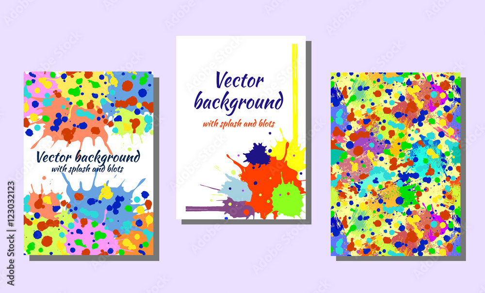 Set of hand drawn artistic cards. Vector backgrounds for cover. Grunge drawn template with splash, spray, blots, spatter, stain, attrition, cracks. Graphic illustration. A4 format size