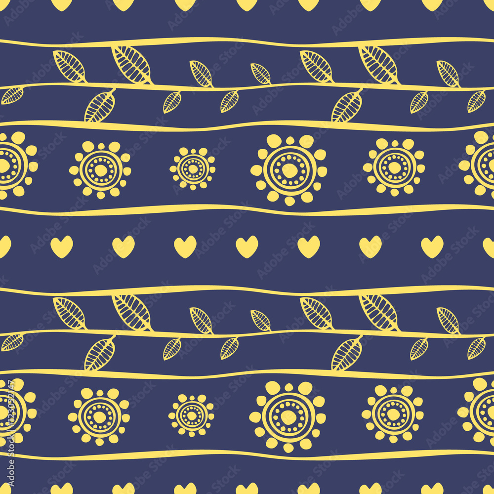 Fototapeta Seamless vector pattern. Blue and yellow hand drawn endless background with ornamental decorative elements with ethnic, traditional motives. Series of Hand Drawn Ornamental Seamless vector Patterns