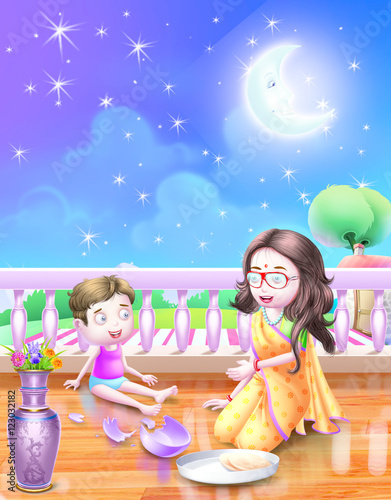 Mother and son with moon