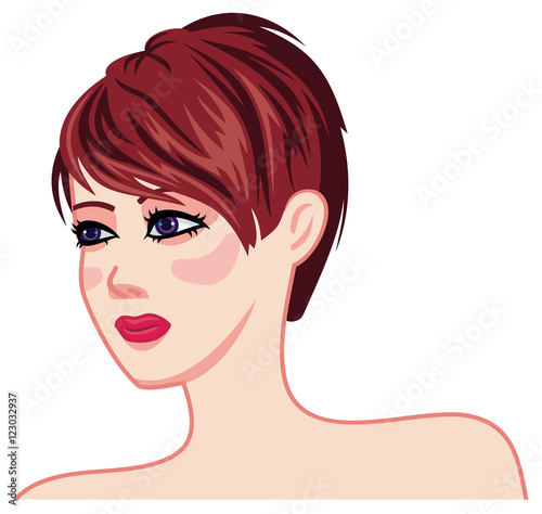 Girl face with brown hair and modern haircut. Short hair style.Vector clip art.