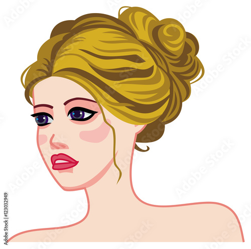 Girl face with bright hair tied a neat bun at the nape. Long hair romantic style.Vector clip art.