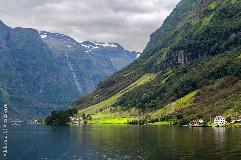 Small village at the banks of the Aurlandsfjord in Norway