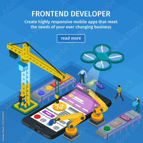 Developing mobile applications flat 3d isometric style. Blue web