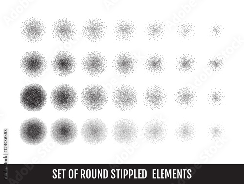Set of black and white grainy dotwork circle elements. Retro halftone stippled backgrounds.
