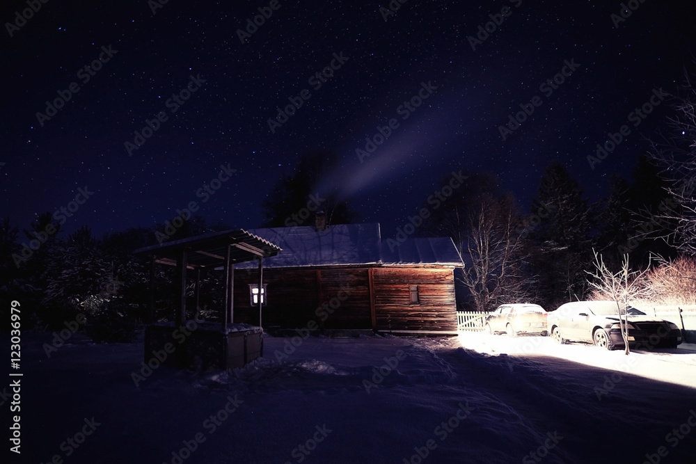 Winter night landscape village small house
