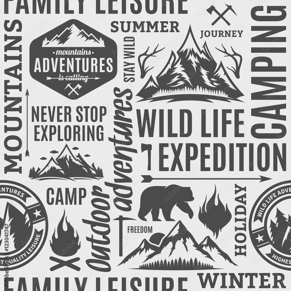 Typographic vector mountain and outdoor adventures pattern Typographic vector mountain and outdoor adventures pattern