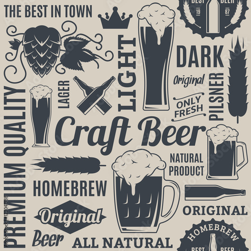 Typographic vector beer seamless pattern or background