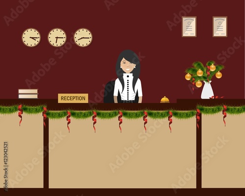 New Year in the hotel. Hotel reception with Christmas decoration. Young woman receptionist stands at reception desk. Travel, hotel booking concept. Vector illustration