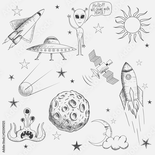 Collection of space objects on white background