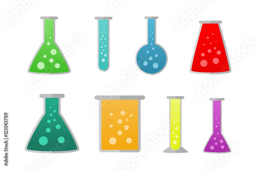 chemical flasks with different liquid colors