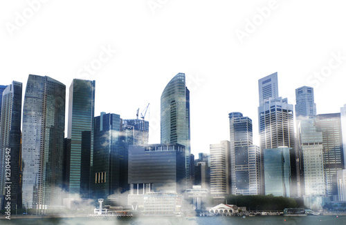 Cityscape of singapore city , Isolated on white background, double exposure
