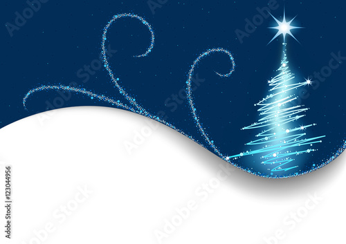 Blue Christmas Greeting Card with Abstract Christmas Tree and Glittering Floral