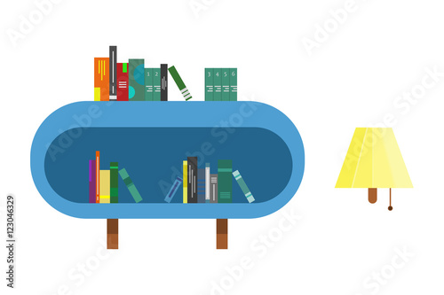 book shelf with books and wall lamp