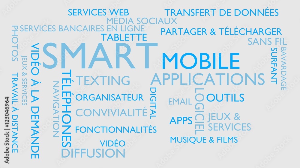 Fototapeta premium Smart, mobile, applications word tag cloud, white, French variant