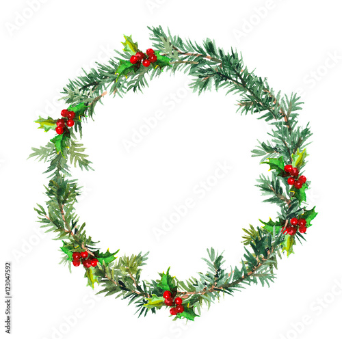 New year wreath - fir tree and mistletoe. Watercolor 