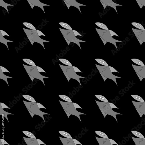Gray fish on black background. Seamless pattern.
