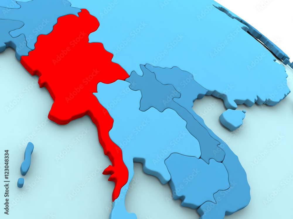 Myanmar in red on blue globe