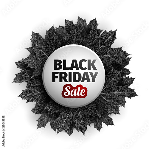 3d black friday sale tag design. Black realistic autumn leaves. Vector illustration.EPS 10 vector, Black friday discount, advertising, marketing price. Food, cars, Clothes sale. Autumn sale.