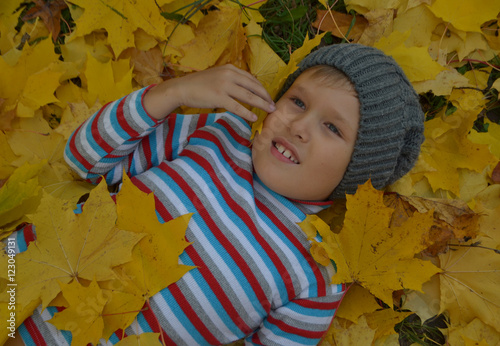 Мальчик в желтых кленовых листьях