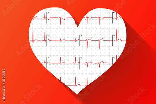 Human electrocardiogram in heart shape with long shadow on red background