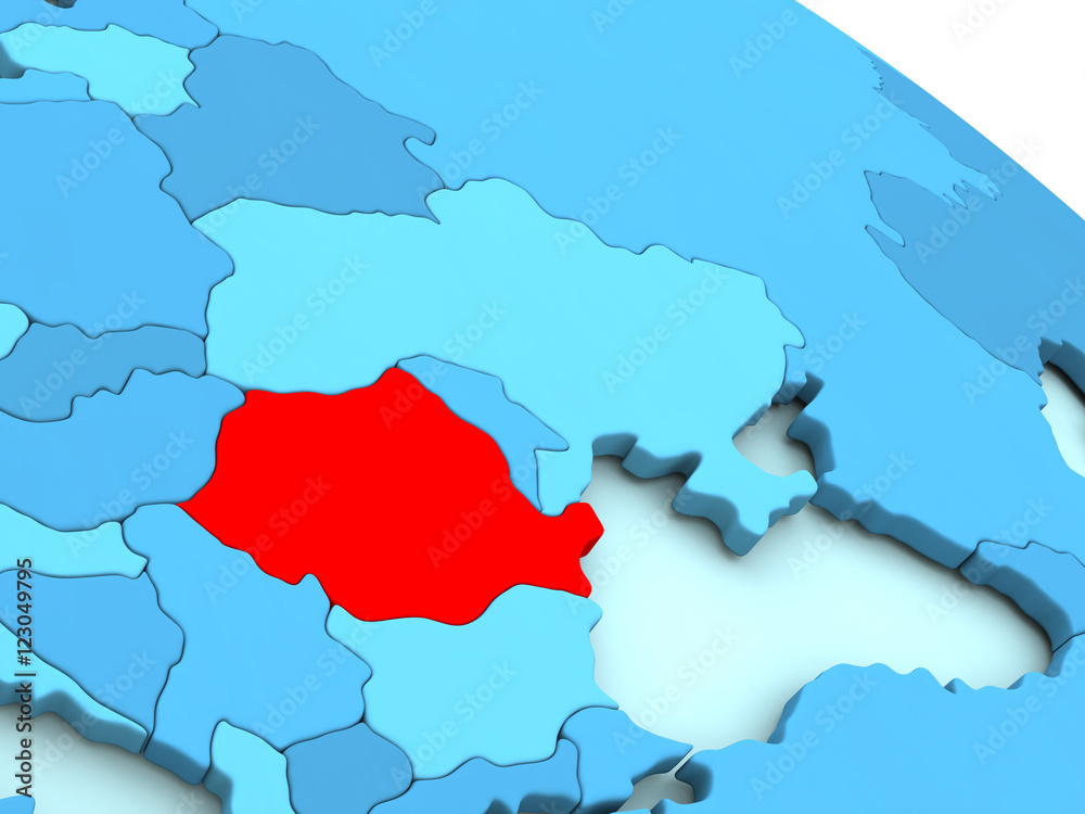 Fototapeta premium Romania in red on blue globe