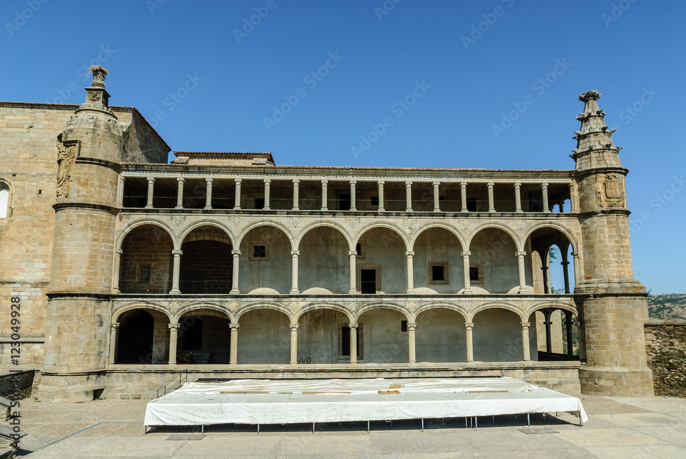 sight of the galleries of the monastery in ruins of San Benito of Alcantara, of the town of Alcantara, Caceres, Extremadura, Spain