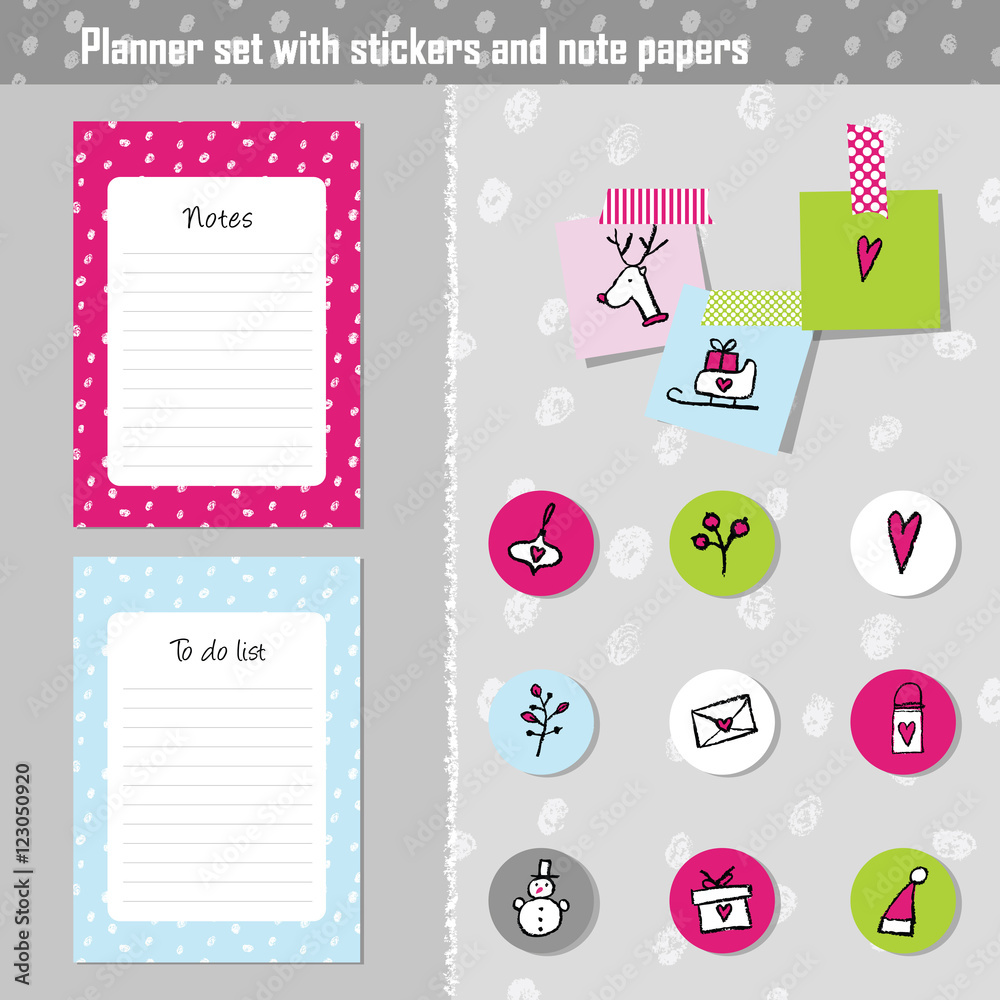 Planner set. Note paper, Notes, to do list. Organizer planner template. Note paper. Set of New year and Christmas stickers. Planner set. Note paper, Notes, to do list. Organizer planner template. Note paper. Set of New year and Christmas stickers.