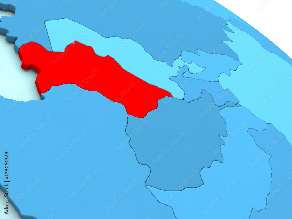 Fototapeta premium Turkmenistan in red on blue globe