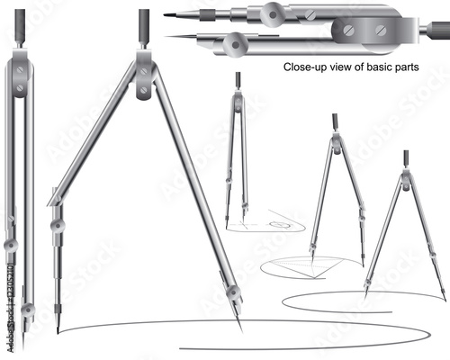 Drawing compasses for draftsmanship; Geometric precision measuring tool for teaching descriptive geometry and drawing of circles and roundings for draftsmen, engineers, architects; Vector set Eps8