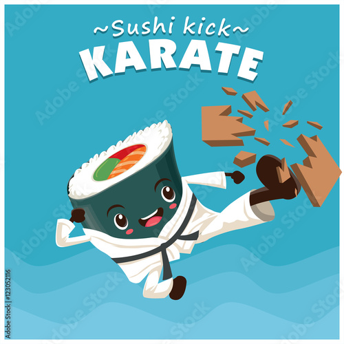 Vintage sport poster design with vector sushi karate kick character.