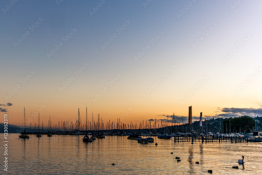 Quiet Geneva marina at sunrise