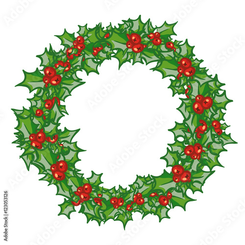 Holly Wreath, round frame. hand drawn background, design element for Christmas and New Year greeting card or banner. Holly with berry, isolated on white