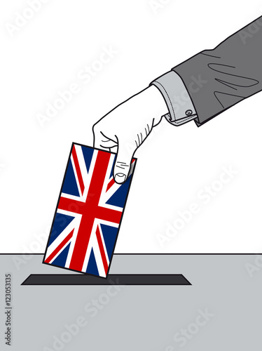 Main déposant un bulletin avec l'Union Jack