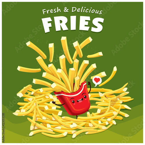 Vintage fries poster design with vector fries character.