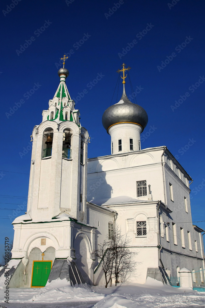 White Orthodox Church against the sky in wintertime, Russia
