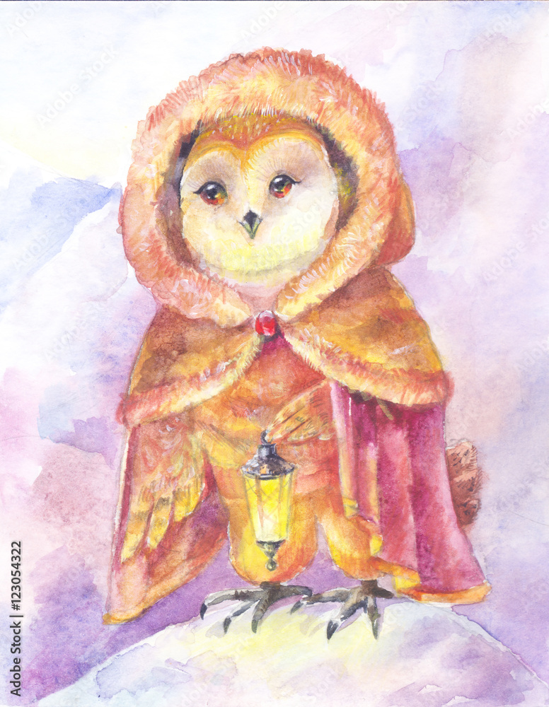 Owl with a lamp. Watercolor painting. Illustration with a magic