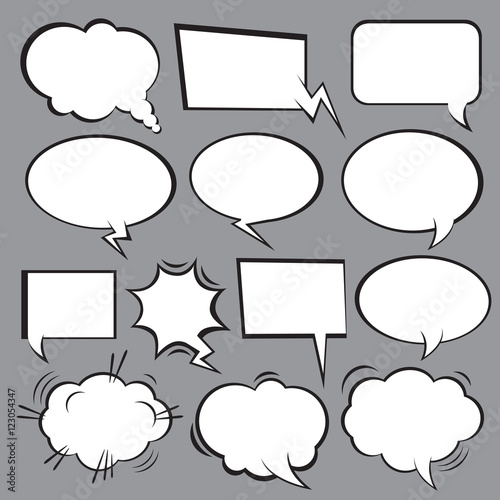 Set of vector comic speech bubbles on grey background.