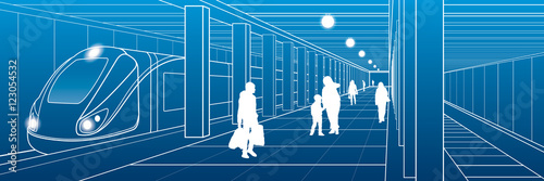 Subway station, people with things got off the train, city scene, transport illustration, white lines on blue background, vector design art