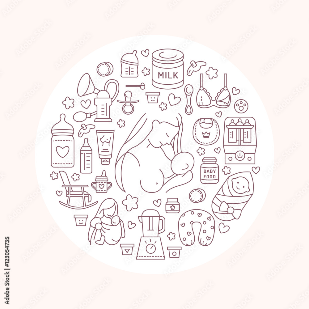 Breastfeeding poster template. Vector line illustration of breast feeding, baby infant food. Nursery element: breast pump, woman, child, powdered milk, bottle sterilizer, baby. Maternity banner design