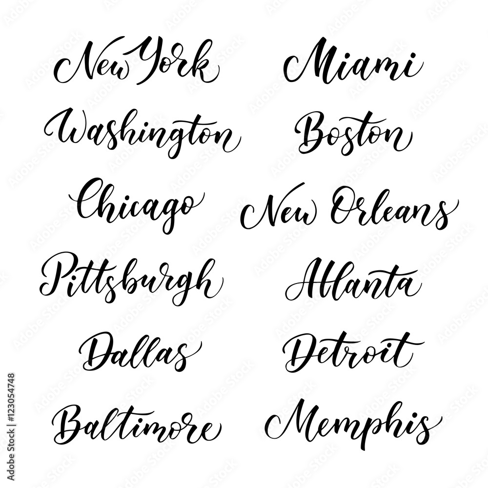 American city vector lettering. Typography, USA - New York, Miami, Boston, Dallas, Washington, Atlanta, Chicago, Detroit, New Orleans, Pittsburgh, Memphis, Baltimore on white background