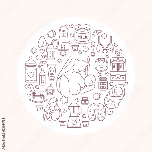 Breastfeeding poster template. Vector line illustration of breast feeding, baby infant food. Nursery element: breast pump, woman, child, powdered milk, bottle sterilizer, baby. Maternity banner design