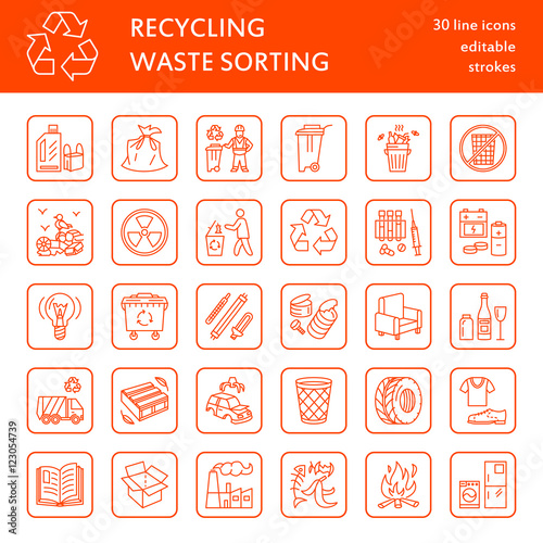 Modern vector line icon of waste sorting, recycling. Garbage collection. Waste types - paper, glass, plastic, metal. Linear pictogram with editable stroke for brochure of waste management